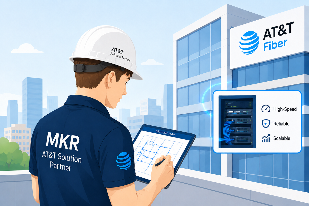 MKR engineer reviewing a network install at an AT&T Fiber building